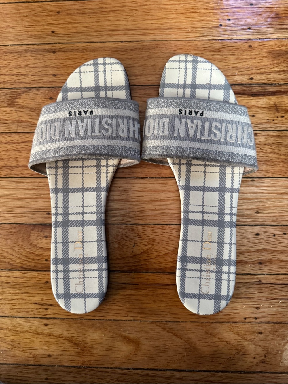 Dior womens Gray Plaid Slide Sandals with Branded Strap